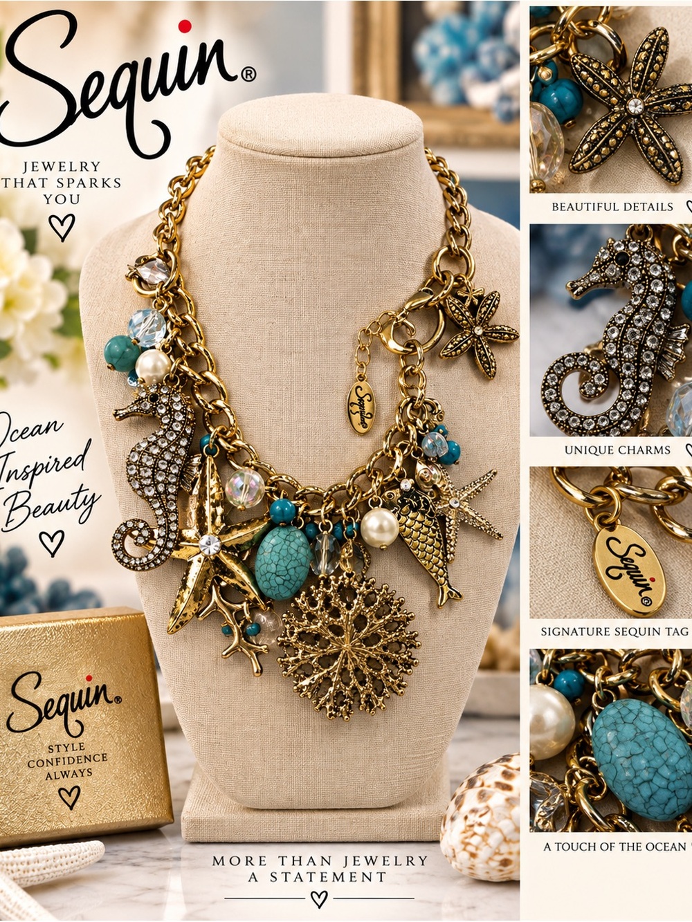 Gold Ocean Charm Necklace with Turquoise Accents